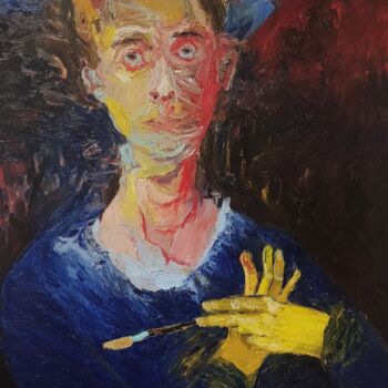 Schilderij getiteld "Autoportrait et le…" door Carmen Selma, Origineel Kunstwerk, Olie Gemonteerd op Frame voor houten branc…