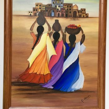 Pintura intitulada "Femmes du village" por Carmen, Obras de arte originais, Acrílico