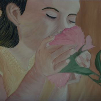 Peinture intitulée "La fille de pivoine" par Carmen Cristea, Œuvre d'art originale, Huile