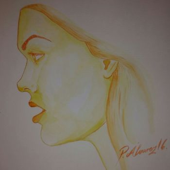 Malerei mit dem Titel "FACE to FACE Yellow" von P.Alvarez, Original-Kunstwerk, Aquarell