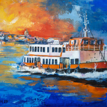 Schilderij getiteld "Lisbon Ferry" door Carmo Almeida, Origineel Kunstwerk, Acryl Gemonteerd op Frame voor houten brancard