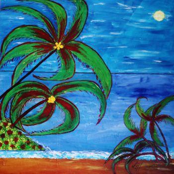 Painting titled "Mar com palmeiras" by Carma Carvalho, Original Artwork