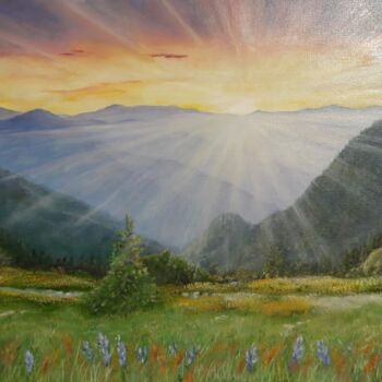 Картина под названием "Рассвет в горах" - Чародей, Подлинное произведение искусства, Масло