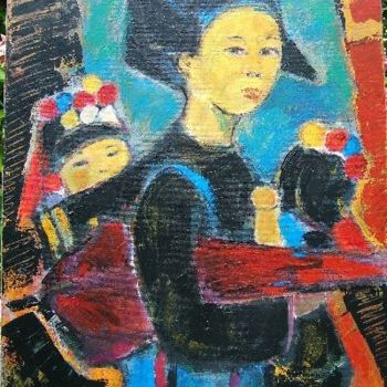 Pintura intitulada "Jeune femme et enfa…" por Odile Caron, Obras de arte originais, Óleo