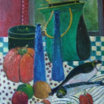 Painting titled "Nature Morte aux po…" by Odile Caron, Original Artwork, Oil