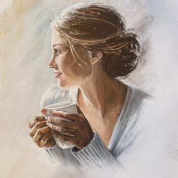Painting titled "jeune-femme-a-la-ta…" by Carol Hougue, Original Artwork, Pastel