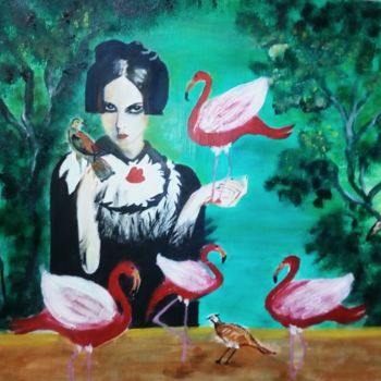 Schilderij getiteld "Mujer con flamencos" door Carola, Origineel Kunstwerk, Anders