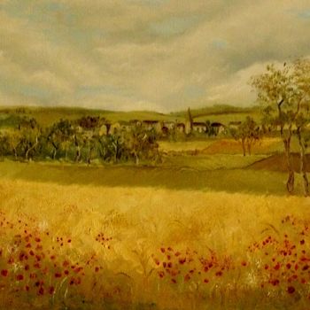 Painting titled "champs de Sart." by Carole Closkin, Original Artwork, Oil