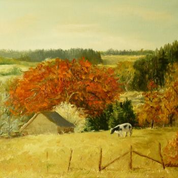 Pintura intitulada "vache au pré" por Carole Closkin, Obras de arte originais, Óleo