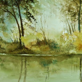 Schilderij getiteld "Sur les bords du lac" door Carole Closkin, Origineel Kunstwerk, Aquarel