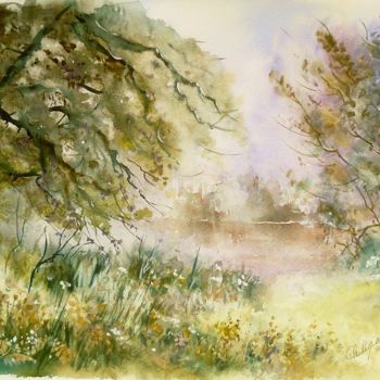 Painting titled "Sur le lac" by Carole Closkin, Original Artwork, Watercolor