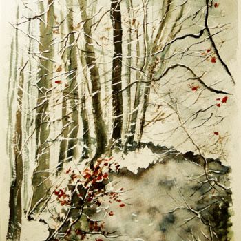Painting titled "Dernière neige" by Carole Closkin, Original Artwork, Watercolor