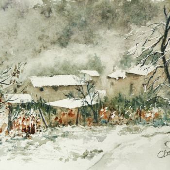 Painting titled "Village dans la nei…" by Carole Closkin, Original Artwork, Watercolor