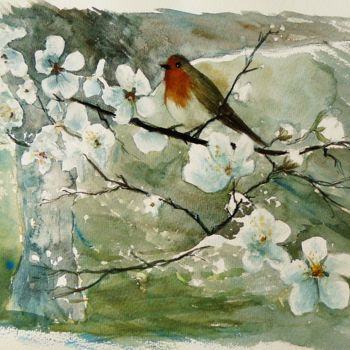 Painting titled "Fleurs de pommier" by Carole Closkin, Original Artwork, Watercolor