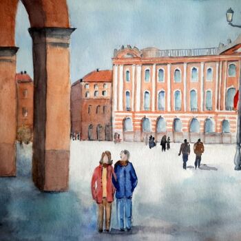 Картина под названием "Toulouse, place du…" - Carole D'Eyssautier, Подлинное произведение искусства, Акварель