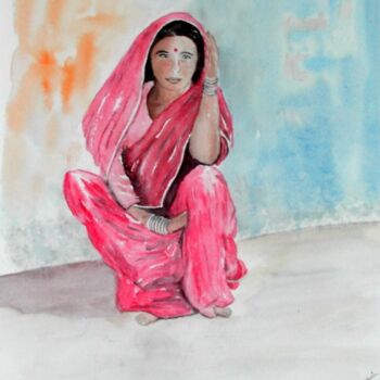 Peinture intitulée "Le Sari Rose, Inde" par Carole D'Eyssautier, Œuvre d'art originale, Aquarelle