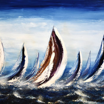 Painting titled "Les voiles" by Carole Sebton, Original Artwork, Oil Mounted on Wood Stretcher frame