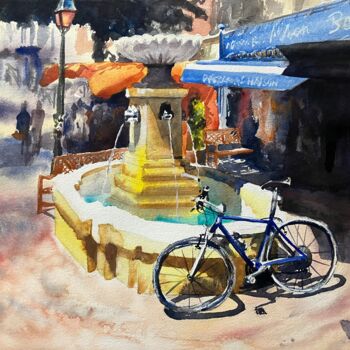 Painting titled "Vélo, Place du Marc…" by Caroline Guizouarn, Original Artwork, Watercolor
