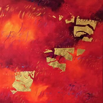 Painting titled "Nuage rouge 2" by Caroline Keller, Original Artwork, Oil Mounted on Wood Stretcher frame