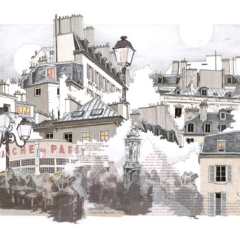Dibujo titulada "Un soir, ancien vil…" por Caroline Lopez, Obra de arte original, Tinta