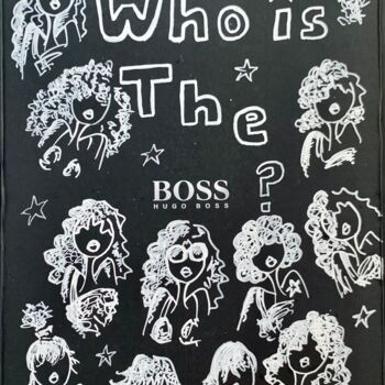 Tekening getiteld "Who is the Boss ?" door Caroline Montigneaux, Origineel Kunstwerk, Marker Gemonteerd op Houten paneel