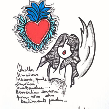 Dessin intitulée "Ex voto blue love" par Caroline Montigneaux, Œuvre d'art originale, Marqueur