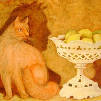 Painting titled "gatto-con-fruttiera…" by Cartasso, Original Artwork, Oil