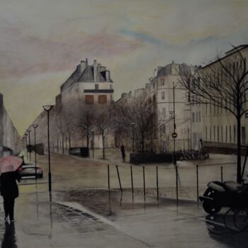 Schilderij getiteld "Paris sous la pluie" door Patrick Casado, Origineel Kunstwerk, Potlood