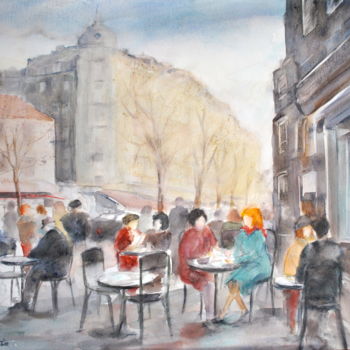 Peinture intitulée "Terrasse à Paris l'…" par Le Forestier, Œuvre d'art originale, Aquarelle
