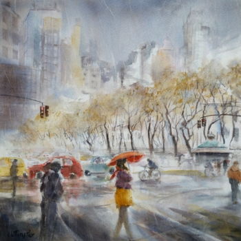 Peinture intitulée "Parapluie et voitur…" par Le Forestier, Œuvre d'art originale, Aquarelle