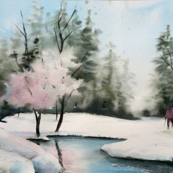 Peinture intitulée "Arbre rose / neige" par Le Forestier, Œuvre d'art originale, Aquarelle