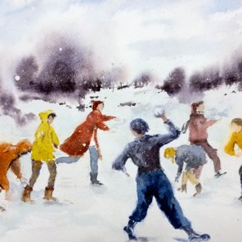 Peinture intitulée "Bataille boules de…" par Le Forestier, Œuvre d'art originale, Aquarelle
