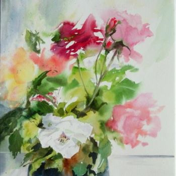 Peinture intitulée "Rose blanche et vas…" par Le Forestier, Œuvre d'art originale