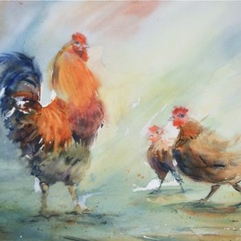 Peinture intitulée "Coq et poules" par Le Forestier, Œuvre d'art originale