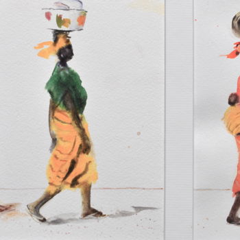 Peinture intitulée "Africaines en marche" par Le Forestier, Œuvre d'art originale, Aquarelle