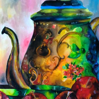 Painting titled "Teapot With Apples" by Cássia Ribeiro, Original Artwork, Acrylic