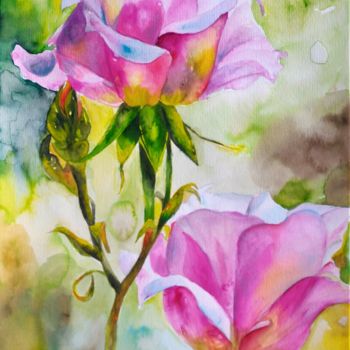 Painting titled "Rosas Aquarela" by Cássia Ribeiro, Original Artwork, Acrylic