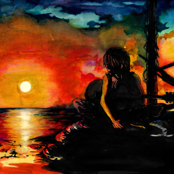 「Sunset for you」というタイトルの絵画 Casualblues Yuenによって, オリジナルのアートワーク, インク