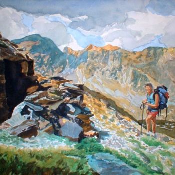 Painting titled "A halt in mountain,…" by Peindre En Catalogne, Original Artwork, Oil