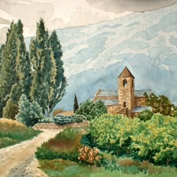 Painting titled "L'église romane de…" by Peindre En Catalogne, Original Artwork, Oil