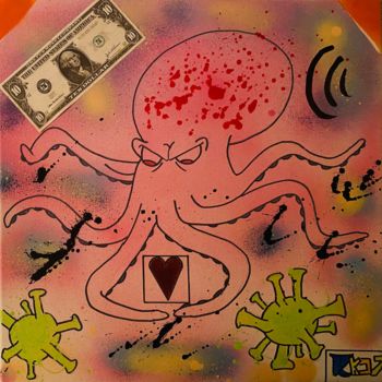 Painting titled "Octopus vs Covid19…" by Rk07, Original Artwork, Acrylic Mounted on Wood Stretcher frame