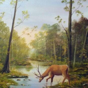 Schilderij getiteld "stag in the forest" door Cathal O Malley, Origineel Kunstwerk, Acryl