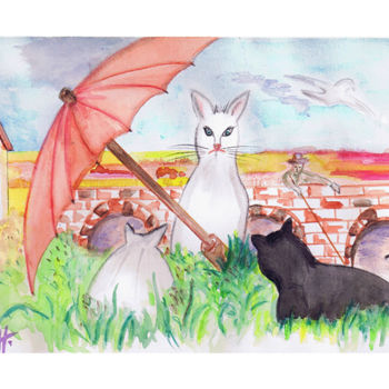 Картина под названием "les 3 chats sous l'…" - Cathart, Подлинное произведение искусства, Акварель