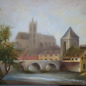 Painting titled "Moret sur Loing 2" by Catherine Bantwell Huiban, Original Artwork, Oil Mounted on Wood Stretcher frame