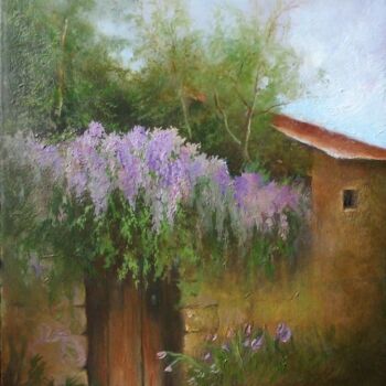 Painting titled "Les Glycines" by Catherine Bantwell Huiban, Original Artwork, Oil Mounted on Wood Stretcher frame
