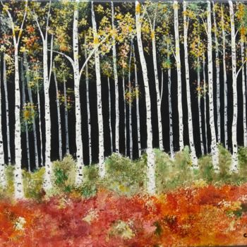 제목이 "La forêt"인 미술작품 Catherine Bosser로, 원작, 스테인드 글라스 페인팅 나무 들것 프레임에 장착됨