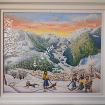 Картина под названием "les-skieurs-du-beau…" - Catherine  Carlier, Подлинное произведение искусства, Масло