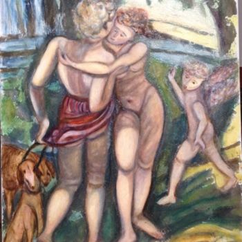 Painting titled "Vénus et Adonis" by Catherine Clare, Original Artwork, Oil Mounted on Wood Stretcher frame