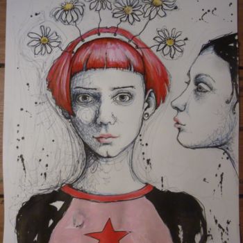 Painting titled "tête" by Catherine Cornec, Original Artwork, Ink