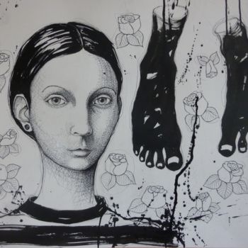 Painting titled "tête" by Catherine Cornec, Original Artwork, Ink